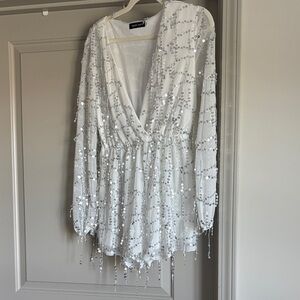 White Sequin Romper with Draped V-Neck